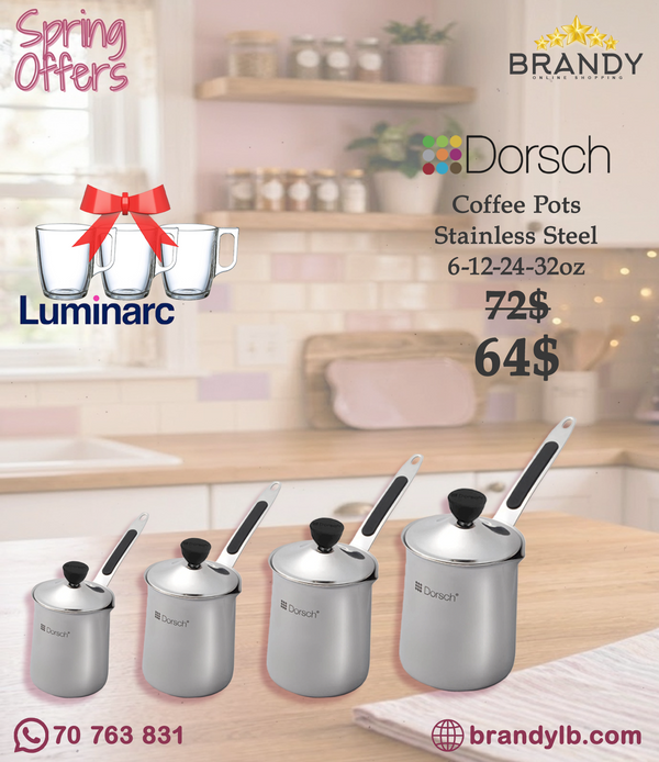 Dorsch Set of 4 Stainless Steel Coffee Pots + Free Luminarc Coffee Cups