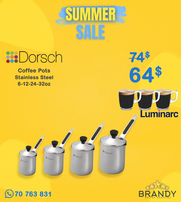 Dorsch Set of 4 Stainless Steel Coffee Pots + Free Luminarc Coffee Cups