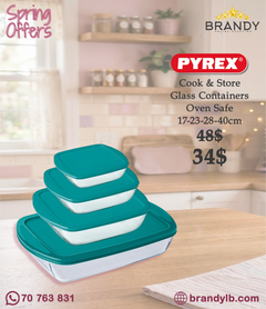 Pyrex Cook & Store Rectangular Glass Containers Set of 3, 4 Green Lids-1
