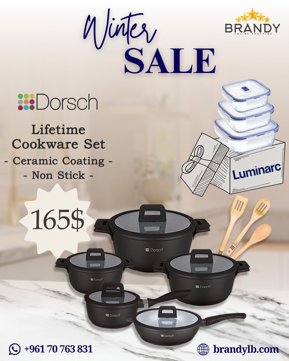 Lifetime Granite Cookware Set 8pcs + Free Luminarc 3 Glass Containers
