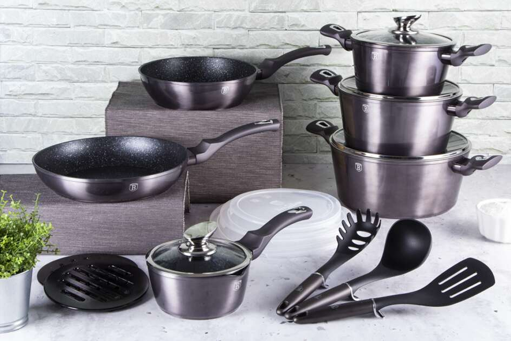 Carbon Metallic Cookware Set 18pcs Non Stick Granite Marble Coating
