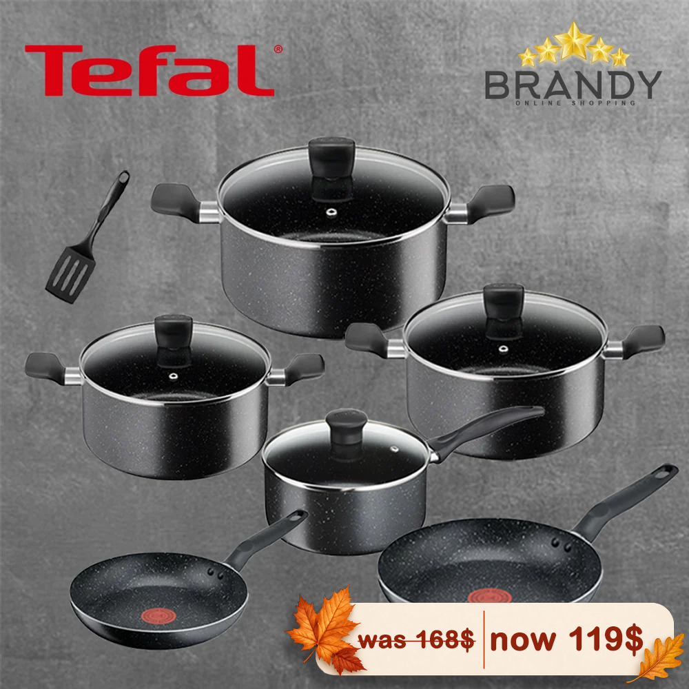 Tefal Dark Stone 11-Piece Cookware Set Black Marble Non-Stick B491BS85