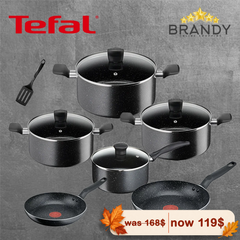 Tefal Dark Stone 11-Piece Cookware Set Black Marble Non-Stick B491BS85
