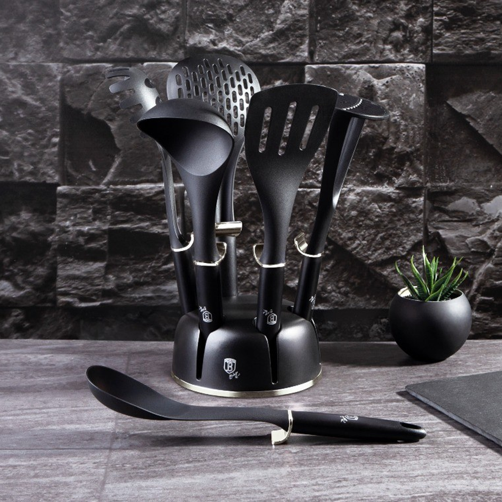 Black Royal Utensils Set With Stand, 7-Piece Kitchen Tool Set, Plastic Construction