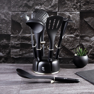 Black Royal Utensils Set With Stand, 7-Piece Kitchen Tool Set, Plastic Construction