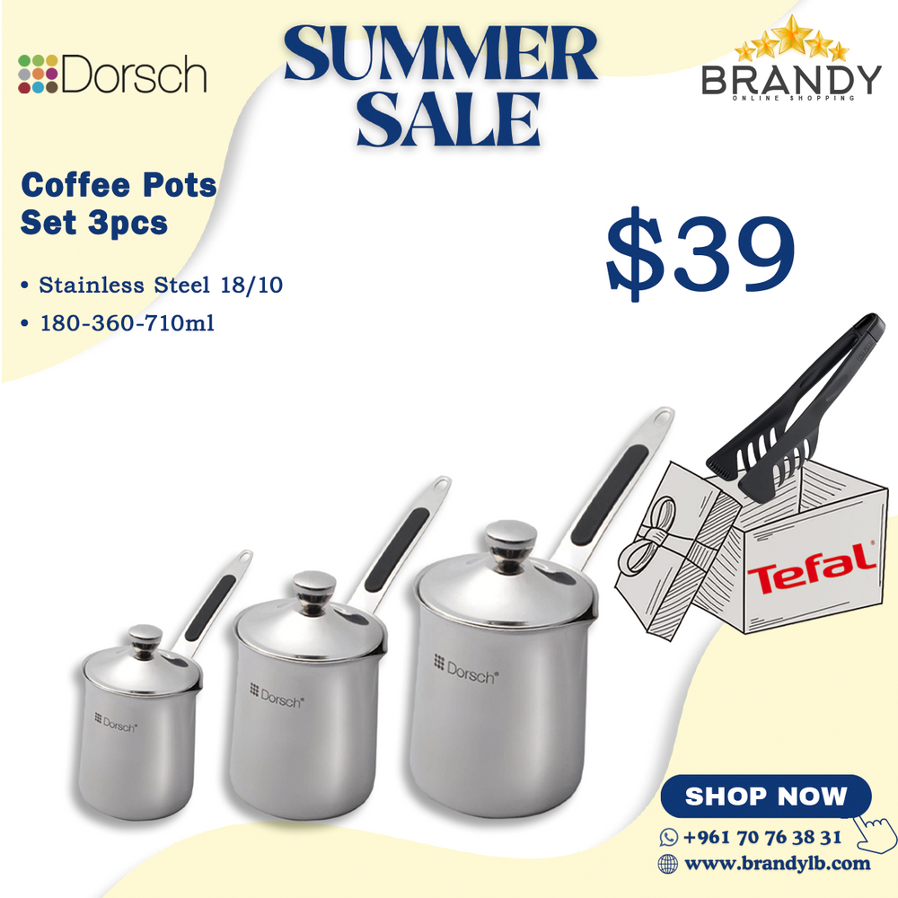 Set of 3 Stainless Steel Coffee Pots + Free Tefal Tongs