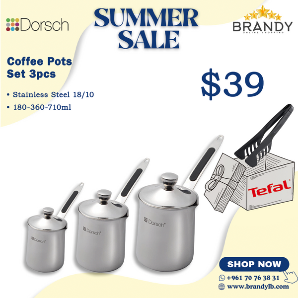 Set of 3 Stainless Steel Coffee Pots + Free Tefal Tongs