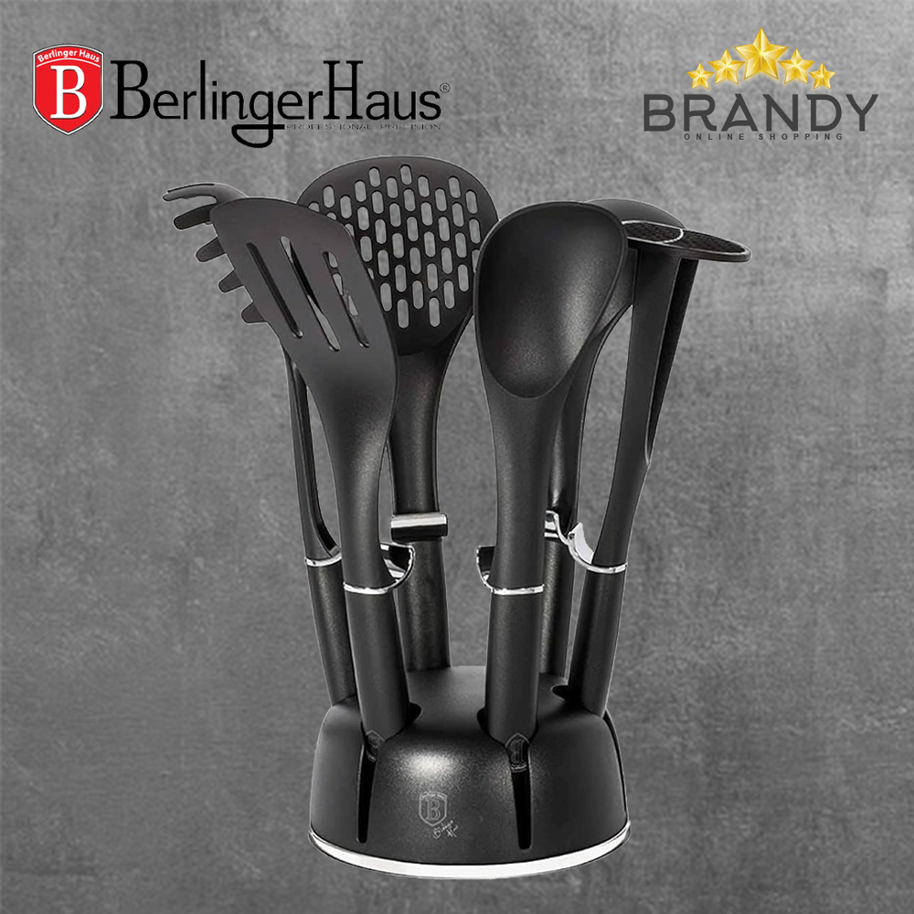 Black Royal Utensils Set With Stand, 7-Piece Kitchen Tool Set, Plastic Construction