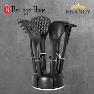 Black Royal Utensils Set With Stand, 7-Piece Kitchen Tool Set, Plastic Construction