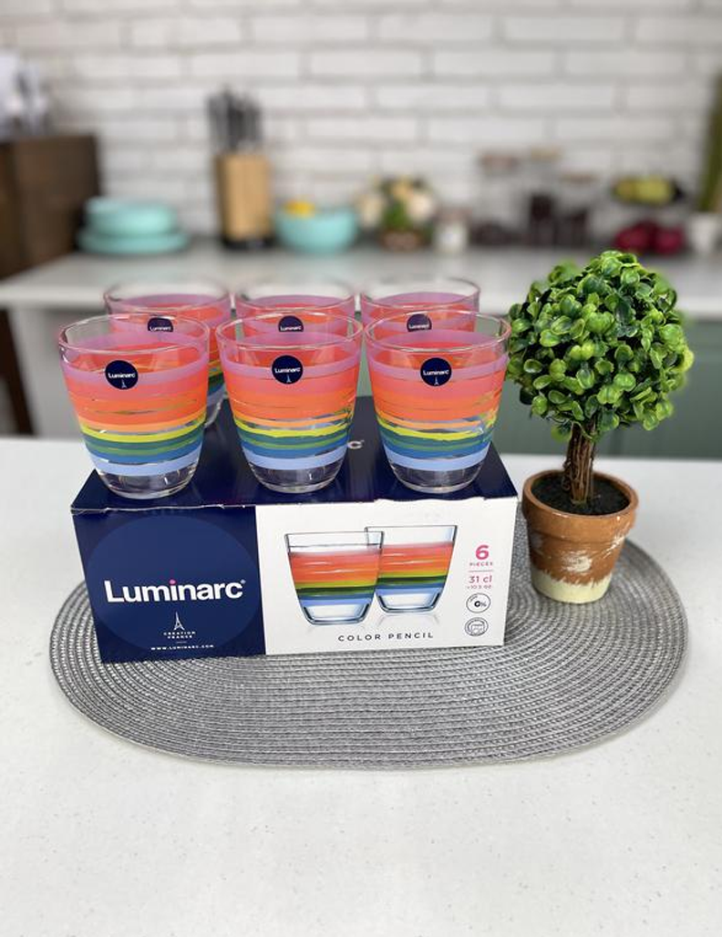 Color Pencil Short Cups Set 6pcs, 31cl Glass Drinkware