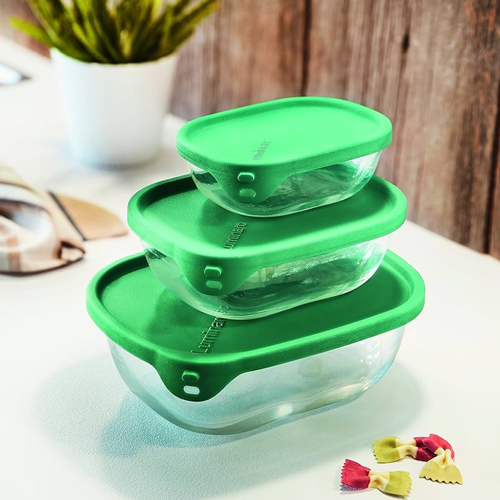 Nest & Store Set 3 Rectangular Containers With Green Lid
