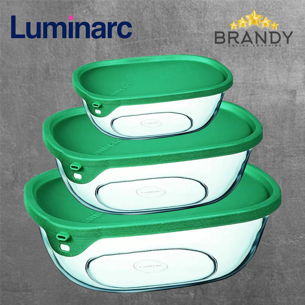 Nest & Store Set 3 Rectangular Containers With Green Lid