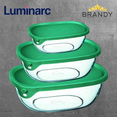 Luminarc Nest & Store 3-Piece Rectangular Glass Food Storage Set, Green Lids-1