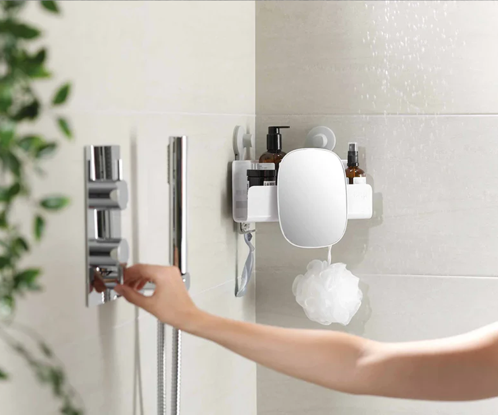 EasyStore White Shower Shelf with Adjustable Mirror