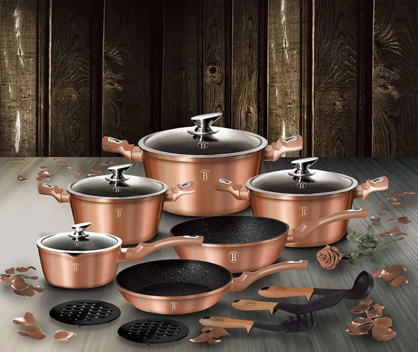 Rose Gold Metallic Cookware Set 15pcs Non Stick Granite Marble Coating