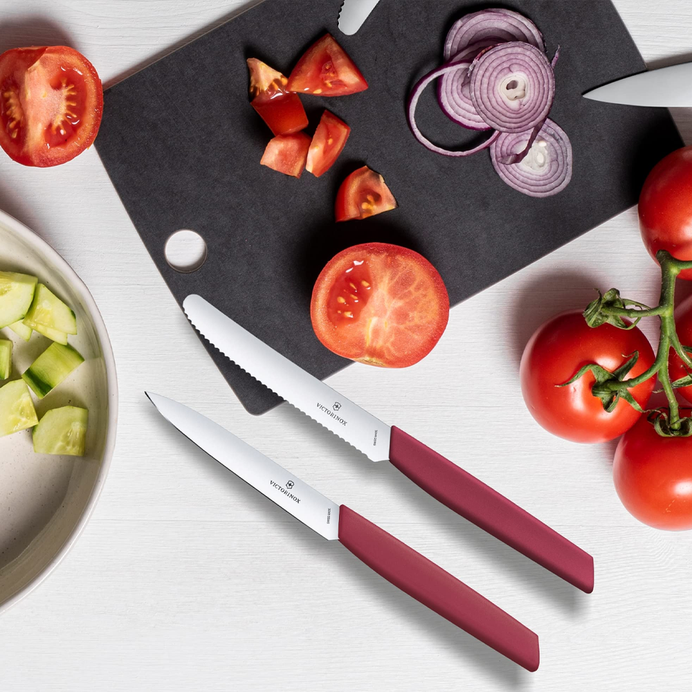 Knife Set 2pcs - Stainless Steel Blades, Paring and Tomato Knife, Red Handles