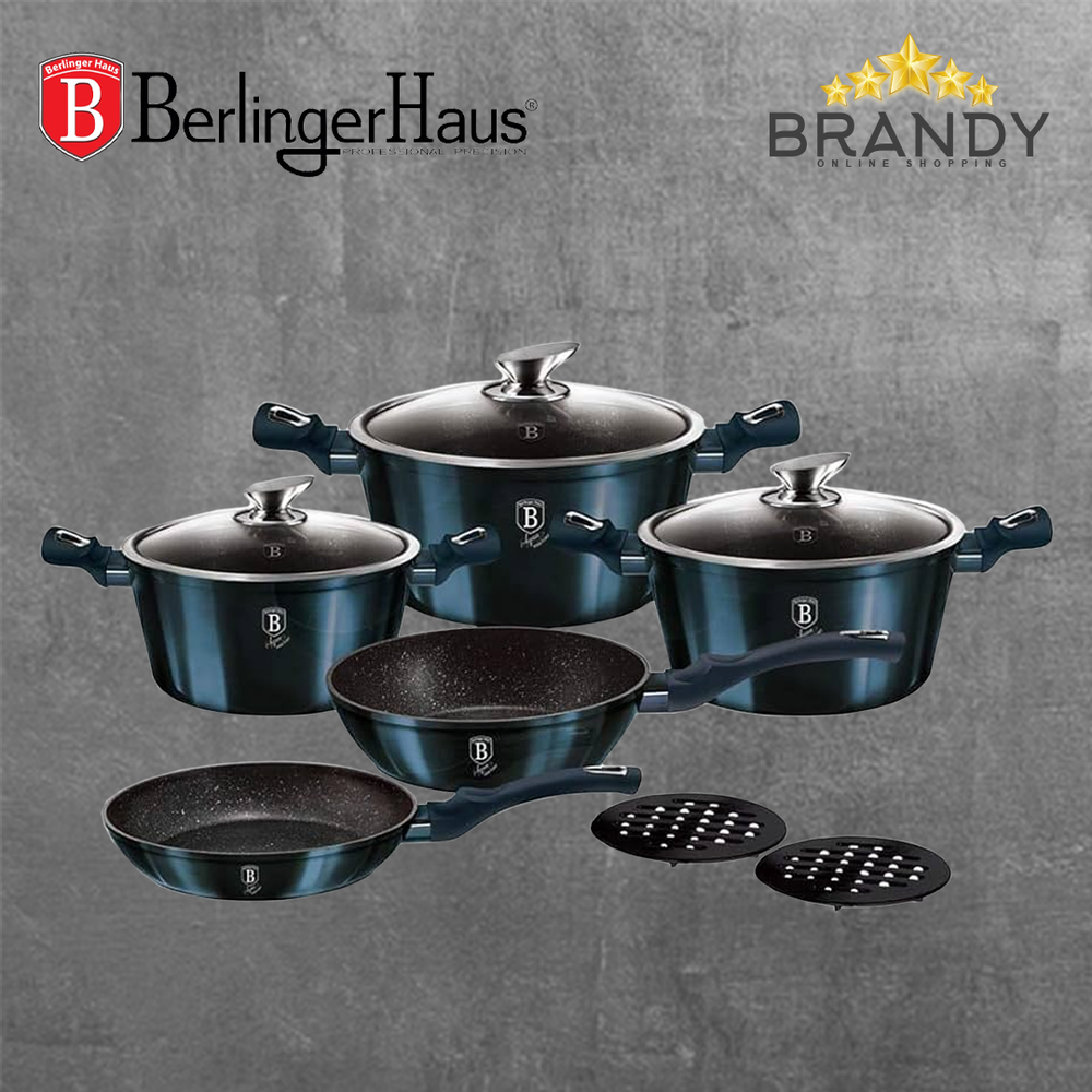 Aquamarine Metallic Cookware Set 10pcs Granite Non Stick Marble Coating