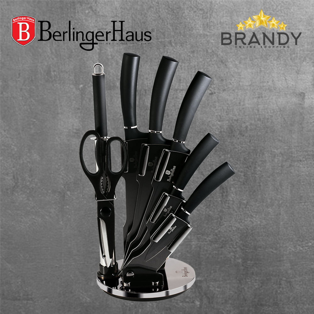 Carbon Set 5 Stainless Steel Knives with Stand, Black Handles, Kitchen Set