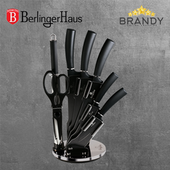 Carbon Set 5 Stainless Steel Knives with Stand, Black Handles, Kitchen Set