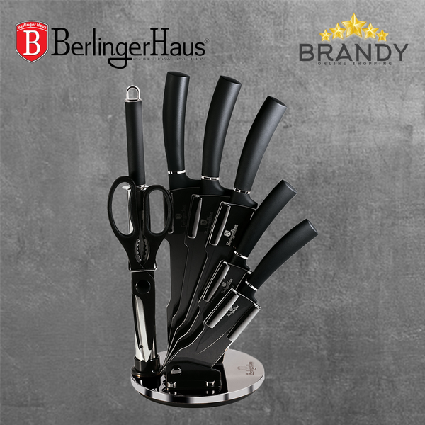Carbon Set 5 Stainless Steel Knives with Stand, Black Handles, Kitchen Set