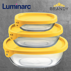Luminarc Nest & Store 3-Piece Rectangular Glass Food Storage Set Yellow Lid-1