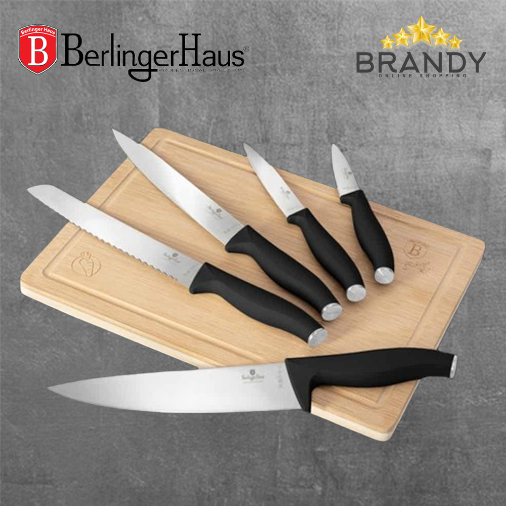 Set 5 Stainless Steel Knives with Bamboo Cutting Board, Ergonomic Handles, Kitchen Essentials