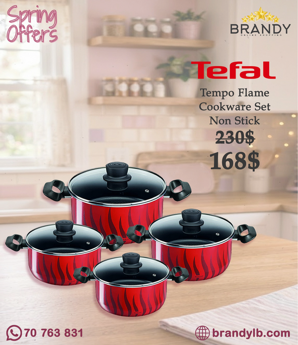Tefal Tempo Flame 8-Pc Stewpots 18-22-26-30 cm Titanium Non-Stick, Glass Lids