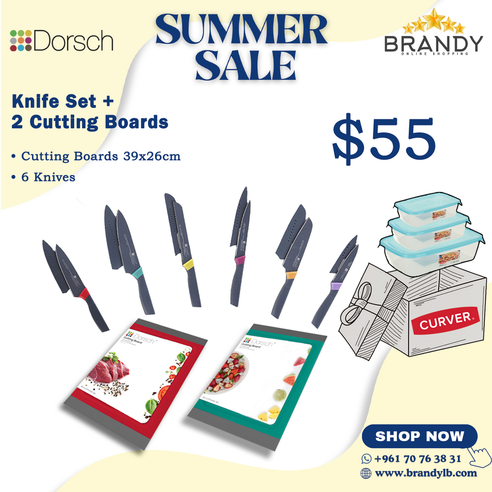 Knife Set With 2 Cutting Boards + Free Curver Set 3 Containers