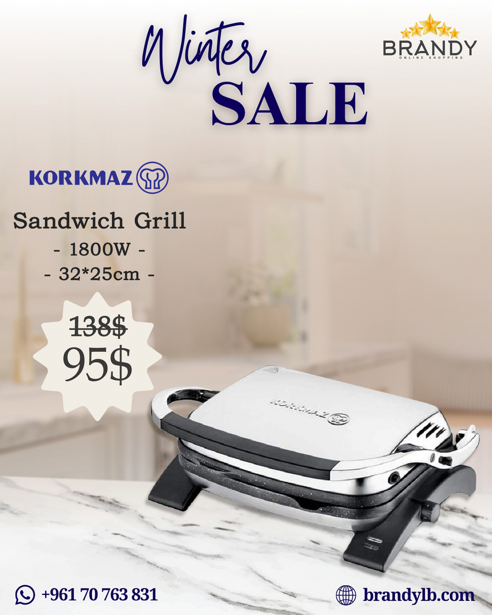 Korkmaz Tostkolik A328-05 Sandwich Grill 1800W 180° Inox