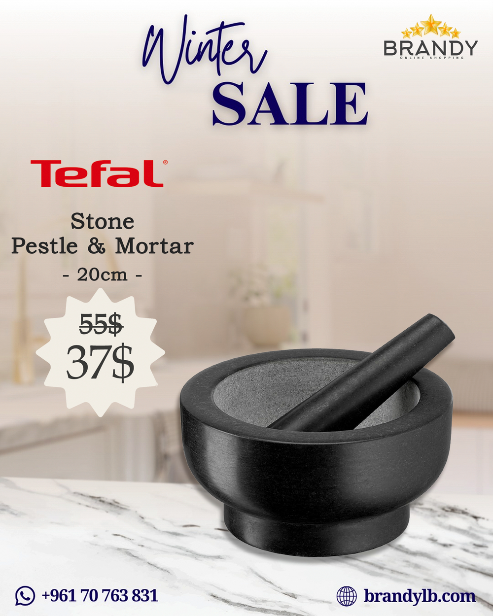 Stone Pestle & Mortar Granite Kitchen Grinder for Herbs and Spices 20cm