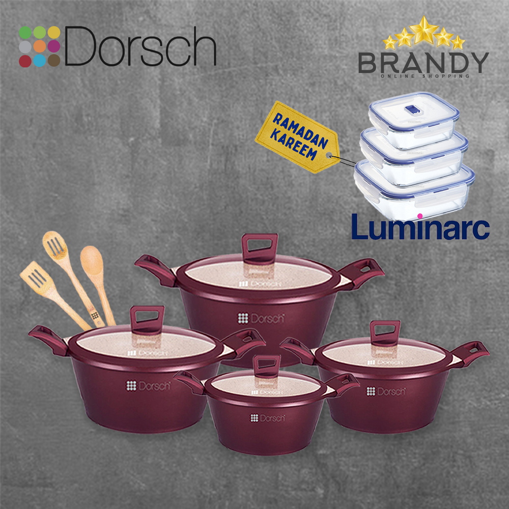 Premium Granite Cookware Set 4 Pots & 3 Wooden Spoons + Free Luminarc 3 Glass Containers