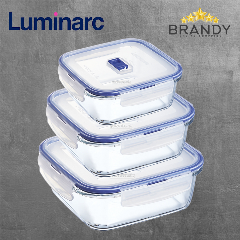 Luminarc Pure Box Active 3-Piece Square Glass Containers Blue Lids