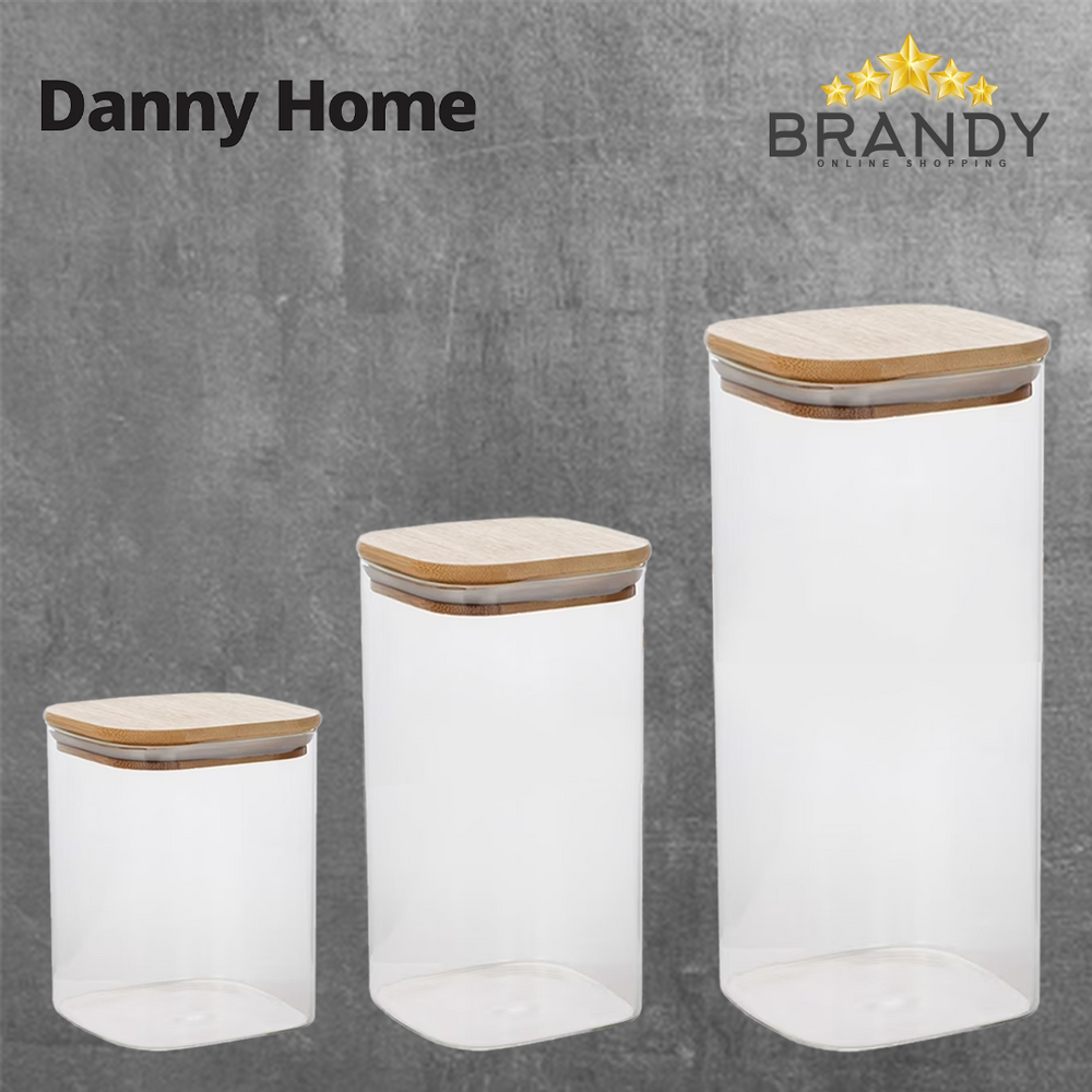 Danny Home Glass Square Jars - Bamboo Lid-1