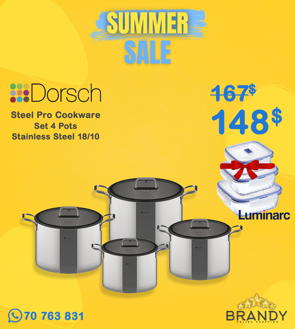 Dorsch Steel Pro Stock Pots Stainless 18/10 Set 4pcs + 3 Luminarc Glass Containers