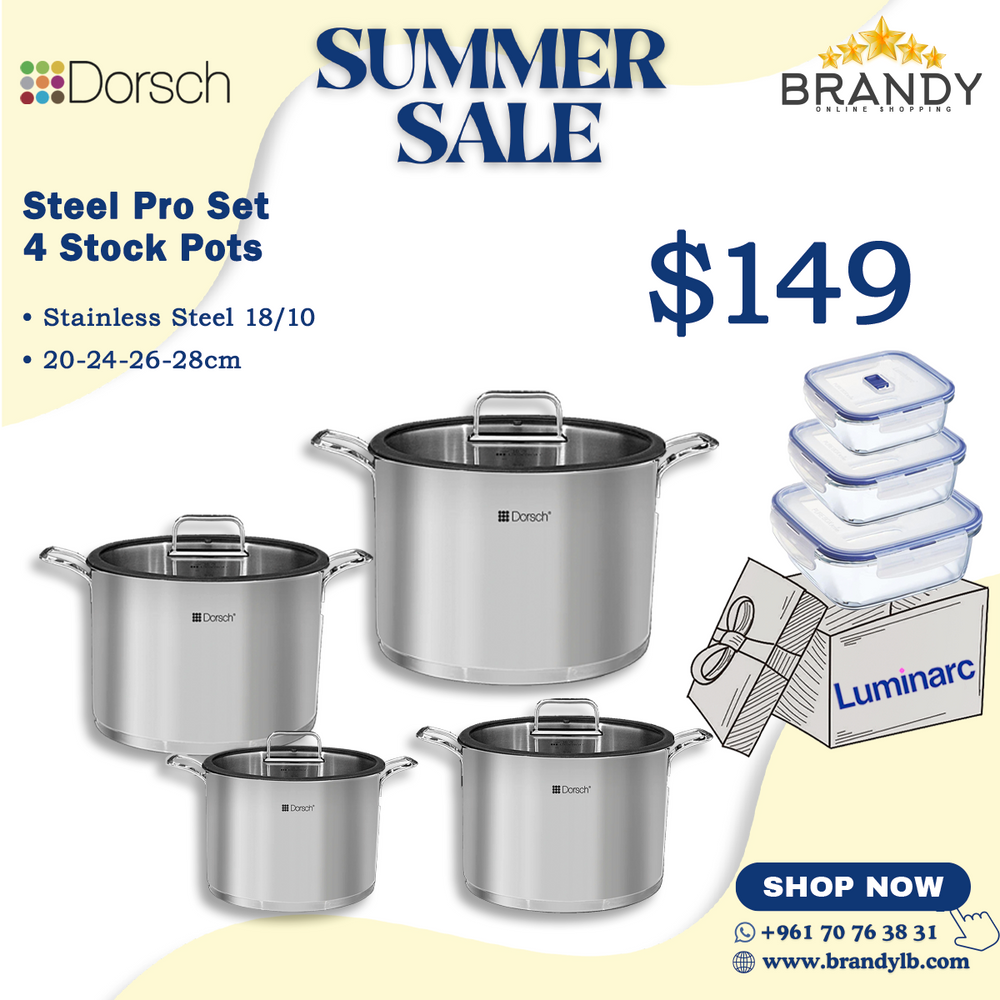 Steel Pro Stock Pots Set 4pcs + Free Luminarc Food Containers