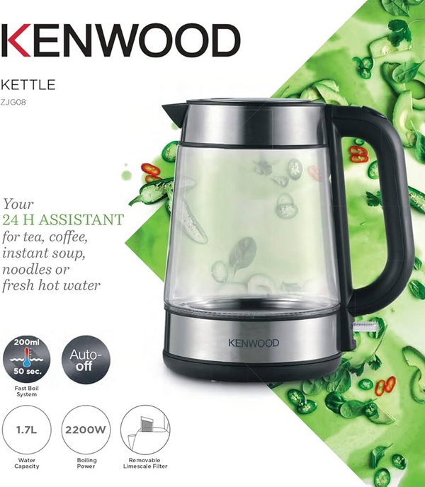 Kenwood Glass Kettle ZJG08 1.7L 2200W Borosilicate Glass Cordless
